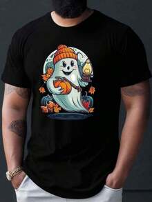 Camiseta de anime, camiseta de Halloween, estampado de calabaza y fantasma, 100% algodón, cuello redondo, ligeramente elástica, ajuste regular, camiseta de manga corta de verano para hombres, lavable a máquina, moda de verano, ropa casual, estilo urbano, atuendos diarios, cómoda, moderna, estilo de vida activo, clásica, look de verano relajado, regalo para festivales de todas las estaciones - Negro - Ver 8