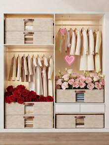 1 pieza Caja de almacenamiento de tela con ruedas, cesta de almacenamiento de ropa plegable y portátil, ruedas extraíbles, asas dobles, soporte de marco de acero para armario, habitación, dormitorio, ropa de cama, almacenamiento, regalo y decoración del Día de San Valentín - Beis - Ver 2