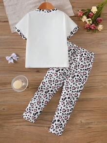 女童甜美套装，白色短袖蝴蝶印花T恤+豹纹爱心印花休闲裤，春夏款 - 白色 - 查看 2