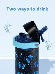 Meoky 24oz Vacuum Insulated Water Bottle with 2-in-1 Straw and Spout Lid, Insulated Cup, Keep Cold 24H, Leak-Proof, Fits in Car Cup Holder, Stainless Steel Tumbler for Sports, Travel, and School (Luminous butterfly) - 黑色 - 查看 5