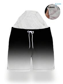 男士夏季黑白渐变印花抽绳腰斜插口袋夏威夷风速干双层网眼内衬短裤，3D印花时尚休闲沙滩泳裤 - 黑與白 - 查看 2