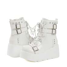 Gothic Ankle Boots For Women Round Toe Wedges Side Zipper Eyelet Reverts Metalic Bear Lace Up Punk Boot Y2K Nightclub Party Outdoor Motorcycle Riding Fashion Wedding Dressy Business Casual Work Easter Spring Festival Summer Womens Short Combat Booties White Boots - 白色 - 查看 10
