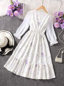 Girls' Long Sleeve Ditsy Floral Dress, Casual Style - Apricot - View 3