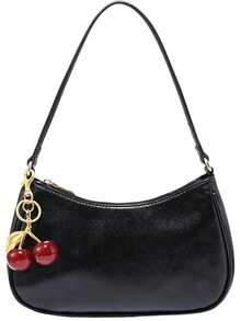 Shallow Summer, Women's Fall Outfits, Floral Patterned Fabric, Cute Pendant Decor, Cherry Pendant, Women's Minimalist Shoulder Bag, Zipper Closure, Retro Style, Underarm Bag, Suitable For Multiple Occasions, Small Bags - 黑色 - 查看 6