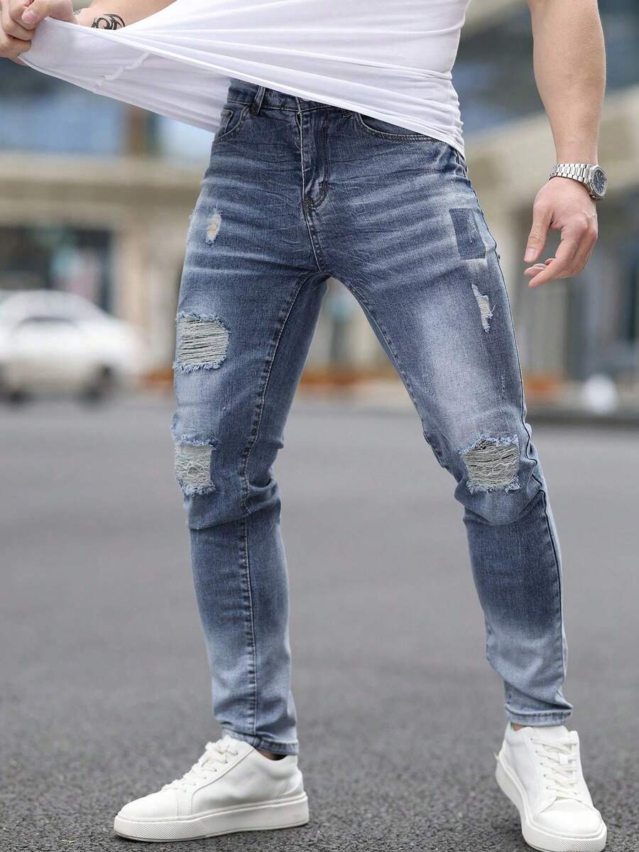 jeans hombre pantalones de hombre>mezclilla Pantalones vaqueros rotos con bolsillos para hombres, pantalones largos de moda y versátiles - Azul lavado medio - Ver 1