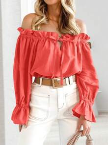 Women's Fall Off The Shoulder Ruffle Blouse Puff Sleeve Tie Front Design Loose Elegant Top - 橘色 - 查看 1