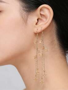 1Pair Minimalist Golden Little Stars Drop Dangle Long Earrings Women Celestial Jewelry- Perfect Party Gift - Suitable For Daily Wear - Yellow Gold - View 5