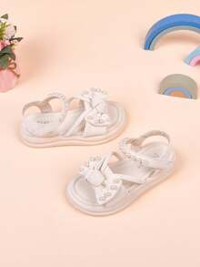 1双女童蝴蝶结设计平底凉鞋，可爱套脚款式，适合夏季，百搭 - 米色 - 查看 6