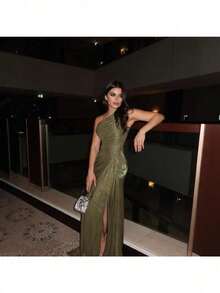 Spring And Autumn Women's Folded Ribbon Sparkling Evening Dress - Màu xanh Ô liu - Xem 2