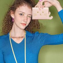 1pc Small Wallet, Cartoon Cute Wallet For Girls, Trifold Wallet Slim Coin Purse Cash Pocket ID Window, PU Leather Slim Purse - Pink - View 5