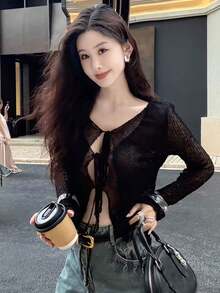 Sexy Sheer Cutout Tie-Front Long Sleeve Knit Cardigan, Suitable For Spring/Summer, Chinese New Year, Valentine's Day, Dates, Vacations, Casual Wear - Black - View 6