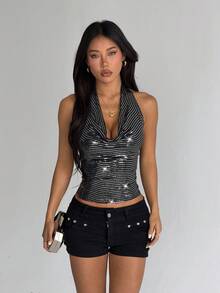 Áo nữ gợi cảm hở lưng, cổ yếm, không tay, đính sequin, màu đen, thích hợp cho mùa hè. - màu đen - Xem 5