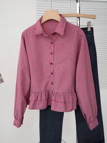 女士春夏蓝色格子下摆荷叶边拼接衬衫，新款休闲通勤长袖露脐上衣，适合秋季穿着 - 紅色 - 查看 3