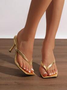Women Backless Kitten Heel Sandals, Versatile Stilettos Thong Sandals Fashion Square Toe Wide Strap Slide Sandals For Formal, Party, Work & Daily Wear - 金色 - 查看 3