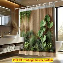 1pc A 2D Shower Curtain, Featuring A Screen And Green Plant Decorative Printed Design, Comes With 12 Hooks, Made Of Polyester Fabric, Measuring 70.8X70.8 Inches, Easy To Clean, Suitable For Windows And Walls, Bathtubs, And Bathroom Home Decor - Default - 查看 5