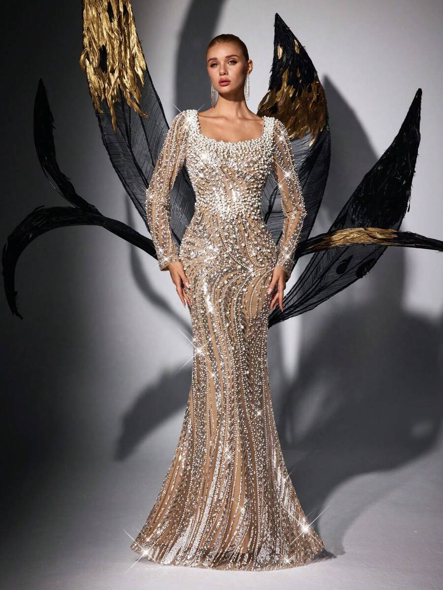 Elisanya Elegant Women's Long Formal Dress, Square Neck Long Sleeve, Decorated With Pearl Beads And Sequins, Fishtail Hem, Woven Fabric Evening Gown Party - Champagne - View 1