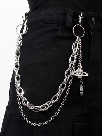 1pc Fashionable Hip-Hop Punk Style Vintage Cool Versatile Rhinestone Studded Planet Skull Bullet Decor Pants Chain, Suitable For Men To Wear As Party Accessory