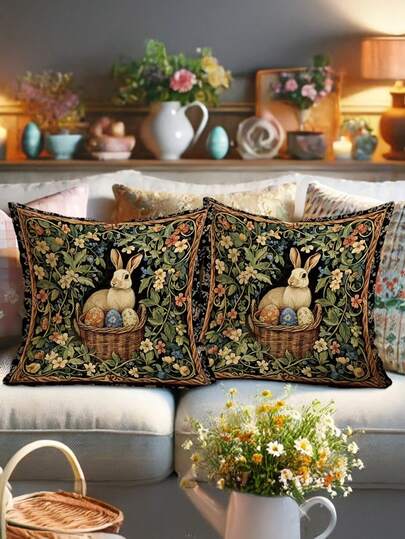[Easter Spring Decor] 1/2/4pcs Easter Bunny Floral Rabbit & Tulip Throw Pillow Covers - Vintage Cottagecore Spring Cases With Frame-Like Border, Soft Green Pastel Colors, Zipper Closure (No Inserts) For Sofa Bed Decor, Machine Washable