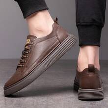 Men's Leather Lace-Up Low Top Casual Sneakers, Non-Slip Wear-Resistant Thick Sole Comfortable Fashion Walking Shoes For Daily Commute Outdoor Activities Business Casual Daily Wear - 棕色 - 查看 6