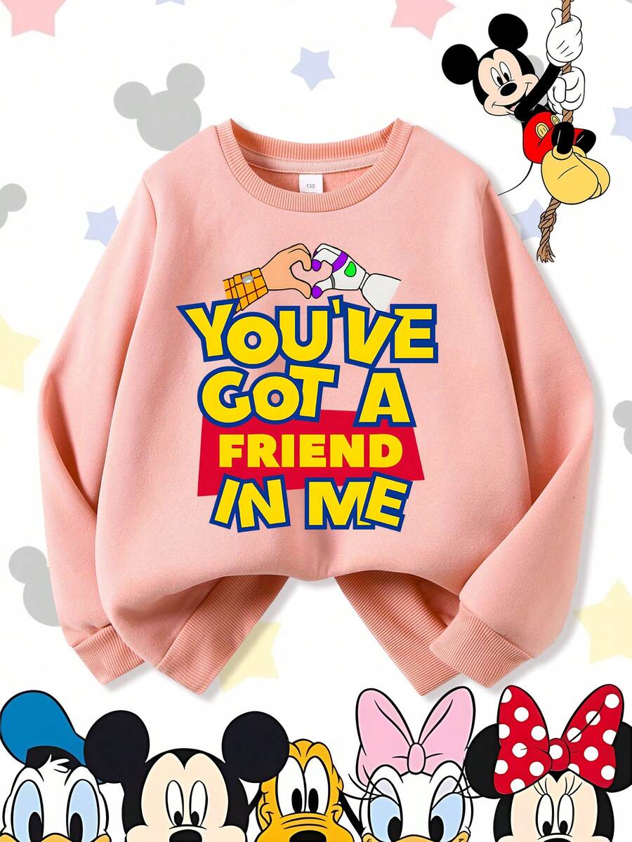 Disney Toy Story Woody & Buzz Heart Hands "You've Got A Friend In Me" Comfortable Print Young Girls' Long Sleeve Sweatshirt, Suitable For Autumn/Winter, Lightweight And Cozy, Great For Layering In Fall, Fashionable Casual Wear, Graphic Design, Back To School Season, Autumn, Back To School Party, Suitable For Outdoor Picnic, Street Photography, Home, Campus, Holidays, New Year Gift - Rose bonbon - Voir 1