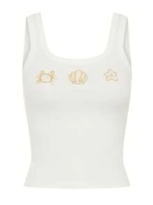 Women Casual Summer Rib Knit Tank Tops Sequin Starfish Embroidery Sleeveless Sccop Neck Slim Fitted Crop Tops Beachwear - 金色 - 查看 11