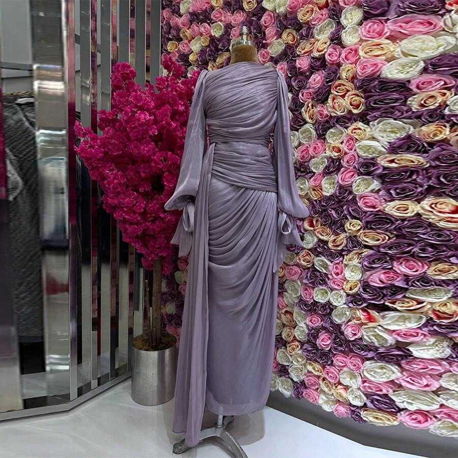 Autumn New Women's French Style Ruched Waist Green Irregular Long Dress - Light Purple - View 1