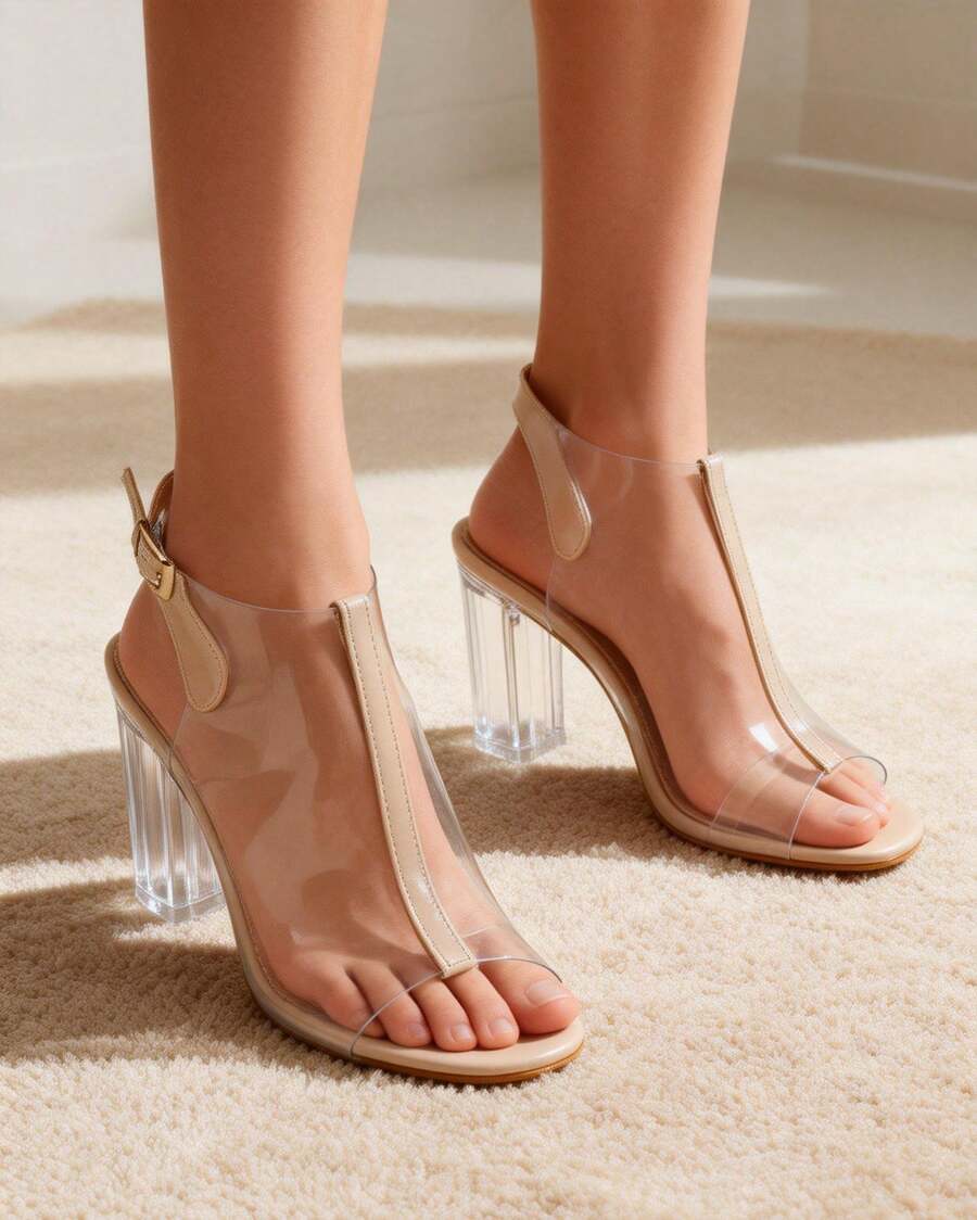 Women's Open Toe Transparent Sandals, Crystal Chunky Heel, Clear Slingback Sandals - Beige - View 1