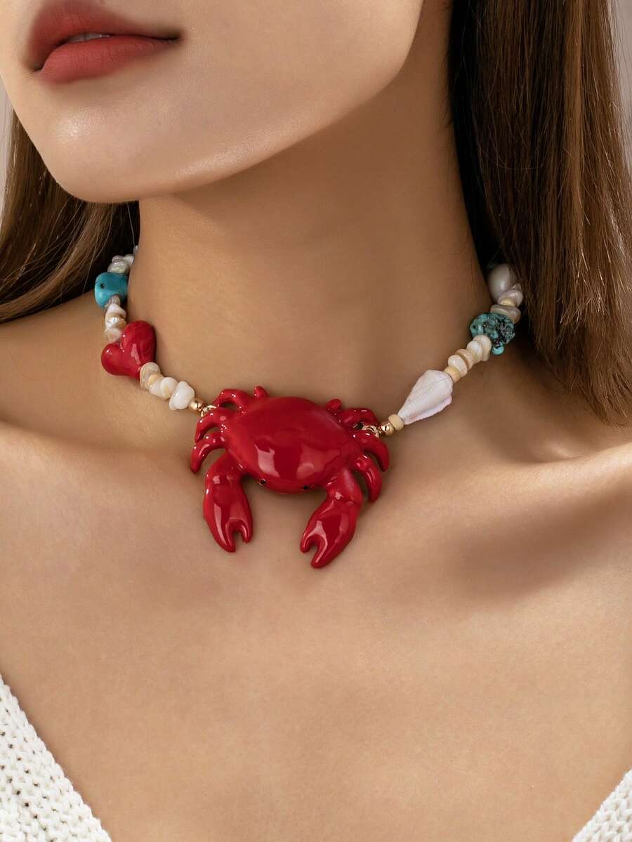 1 件波西米亚风螃蟹吊坠项链，混合串珠粗链沙滩风串珠项链，女士饰品，休闲风格配饰 - 彩色 - 查看 1