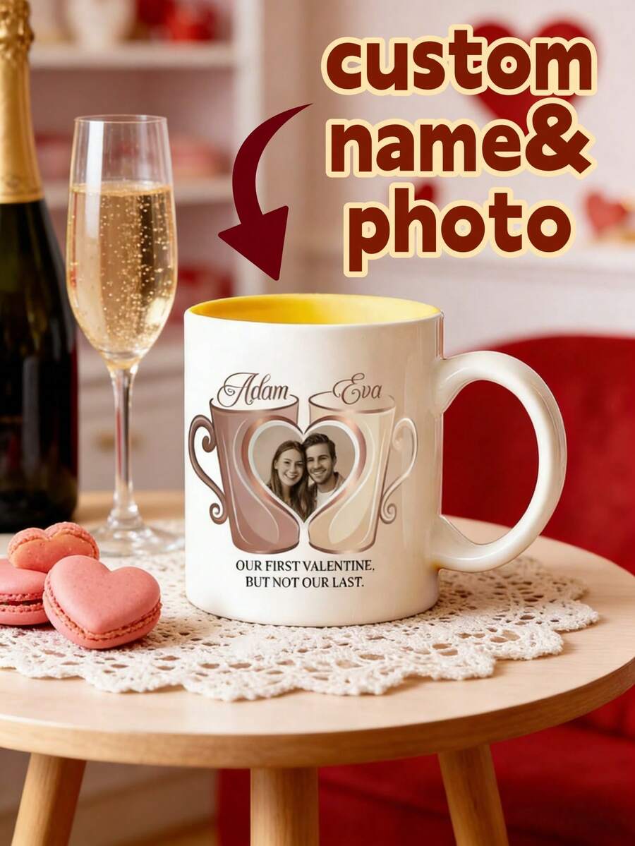1pc Personalized Photo Mug, Customized Couple Photo And Name Coffee Cup, Romantic Valentine's Day Gift For Boyfriend/Girlfriend, Anniversary Souvenir, Home/Office Breakfast Daily Use - White - View 1