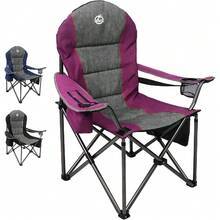 Silla de camping portátil de gran tamaño con acolchado completo para exteriores, capacidad de 350 libras, silla plegable resistente con portavasos, bolsa refrigeradora, soporte lumbar y bolsillo para cabeza, color morado - Negro - - Ver 1