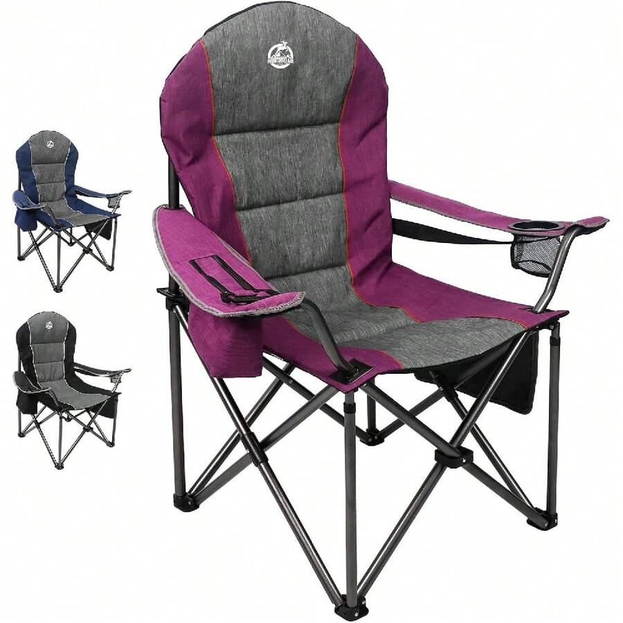 Silla de camping portátil de gran tamaño con acolchado completo para exteriores, capacidad de 350 libras, silla plegable resistente con portavasos, bolsa refrigeradora, soporte lumbar y bolsillo para cabeza, color morado - Negro - - Ver 1