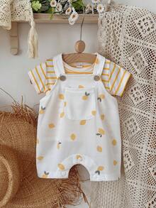 2pcs/Set Newborn Baby Boys/Girls Casual Cute Lemon Print Plaid Romper & Striped T-Shirt Set, Spring/Summer - Yellow - View 6
