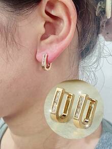 1 Pair Minimalist Double-Layer Geometric Hoop Earrings, Super Shiny Trapezoid Cubic Zirconia Earrings, Suitable For Daily Wear - Earrings - View 4