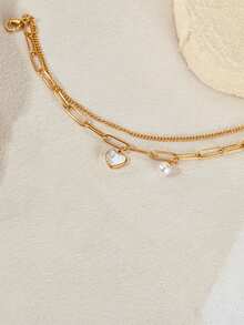 1条不锈钢防水不褪色时尚简约珍珠心形可调节长度双层链手链，适合女士日常佩戴 - 雙層愛心手鍊 - 查看 2