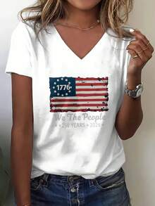 2026 V Neck T Shirt White American Flag 1776 We The People 250 Years 2026 Independence Day Celebration Patriotic Wear For Women Casual Outfits Summer Fashion - trắng - Xem 1