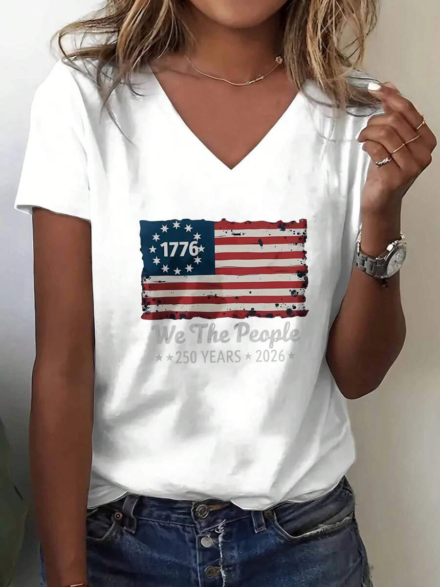 2026 V Neck T Shirt White American Flag 1776 We The People 250 Years 2026 Independence Day Celebration Patriotic Wear For Women Casual Outfits Summer Fashion - trắng - Xem 1
