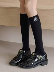 1 par de calcetines largos de estilo japonés bordados con flores, calcetines de unicolor minimalistas y elegantes para mujer - Multicolor - Ver 8