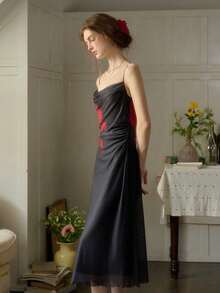 Simple Retro Women's Spring And Summer Models Holiday Style Positioning Jacquard Collision Elegant Retro Temperament Swing Collar Mid-Length Halter Dresses - Black - View 5