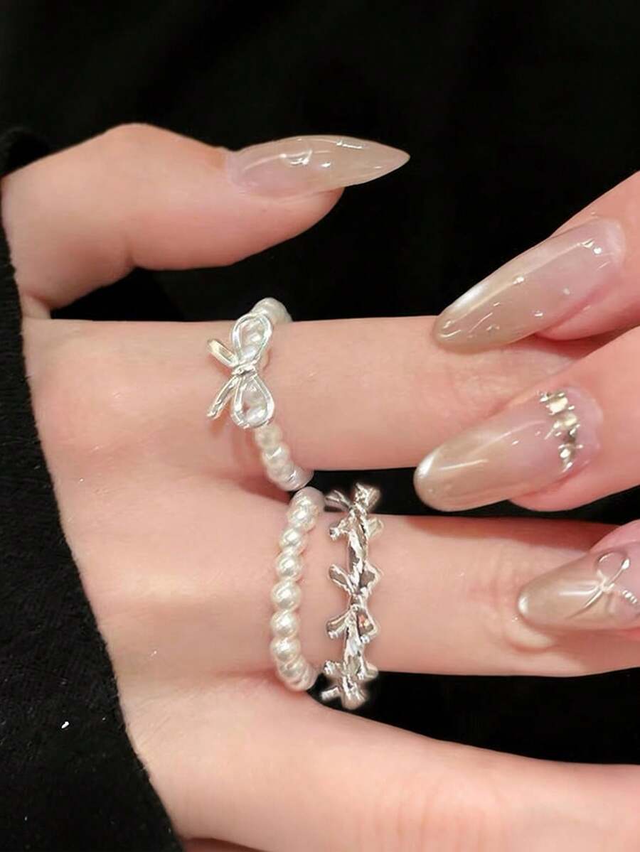 3件套芭蕾舞风格蝴蝶结珍珠串珠戒指套装，银色丝带蝴蝶结可调节叠戴戒指，优雅设计，日常佩戴饰品，送给女友、家人、圣诞节、情人节、生日、母亲节的礼物 - 銀色 - 查看 1