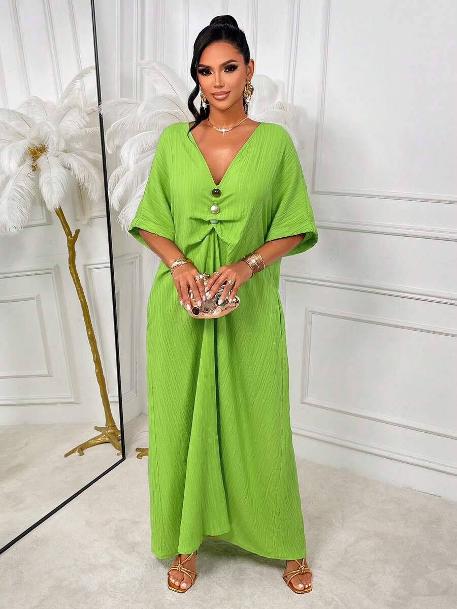 Amarilo Long Woven Fabric Dress, Deep V-Neck, Button Front, Batwing 3/4 Sleeves, Arabic Style - Green - View 1