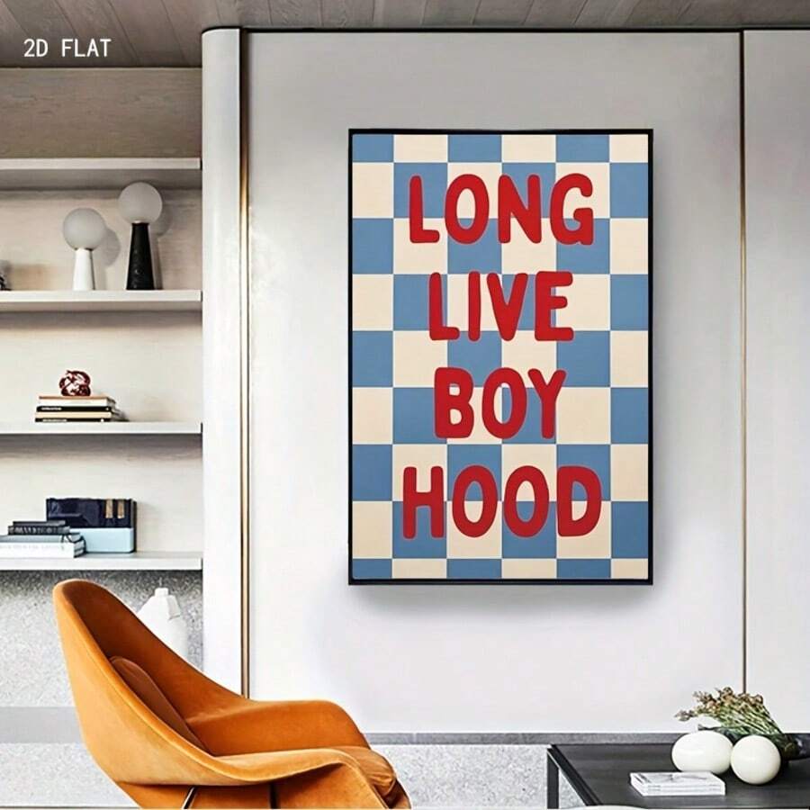 1张复古蓝白格子墙贴海报 - 复古青春风装饰，印有“LONG LIVE BOYHOOD”字样 - 哑光帆布印刷，适用于青少年房间、客厅、卧室 - 易于粘贴安装（无需画框） - 可重复使用的家居装饰 - F - 查看 1