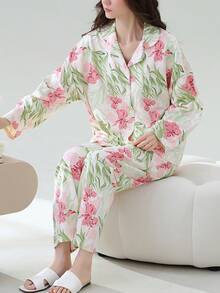 女士两件套开衫睡衣套装，长袖上衣和长裤，柔软舒适，适合春秋季穿着。 - 白色 - 查看 1