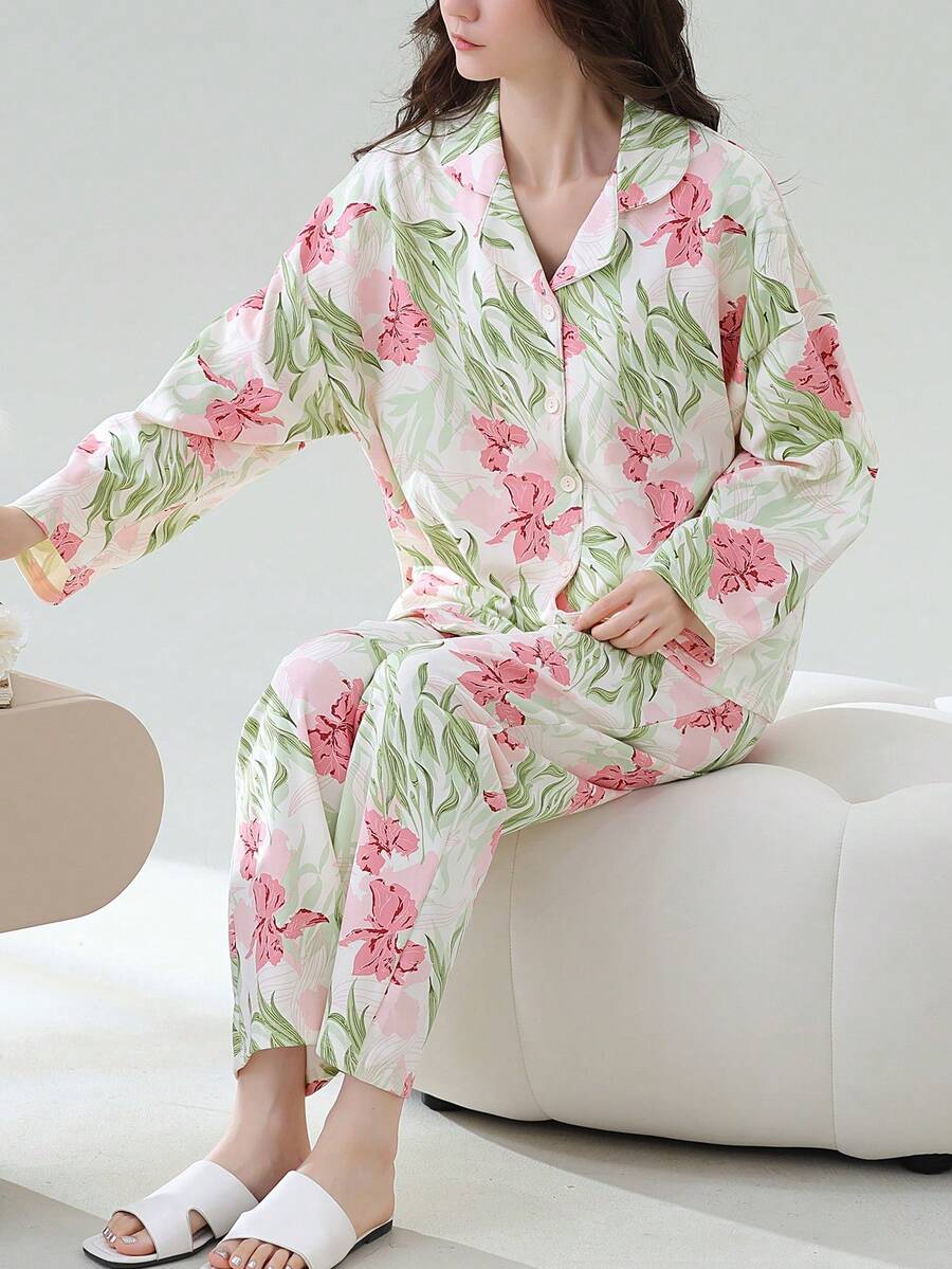 女士两件套开衫睡衣套装，长袖上衣和长裤，柔软舒适，适合春秋季穿着。 - 白色 - 查看 1