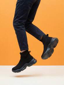 Cross-Border Kids Sneakers, Unisex All-Black Knitted Casual Sock Shoes Slip-On Trainers - Black - View 5