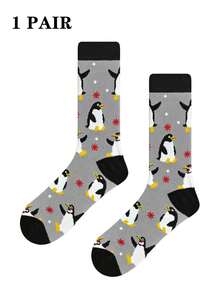 1 Pair Penguin Snowscape Pattern Men's Mid-Calf Socks, Spring/Summer - Grey - View 12