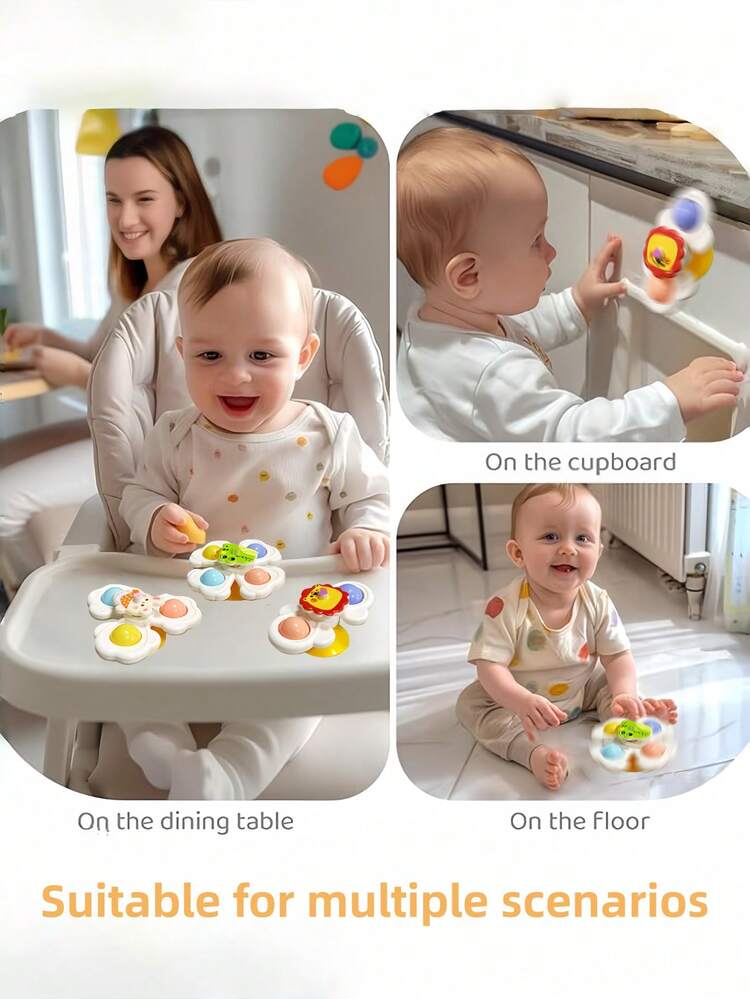 3个彩色卡通动物吸盘陀螺 - 儿童趣味感官玩具，吸盘旋转玩具，婴儿手指陀螺，感官玩具，益智玩具，洗澡玩具，餐椅玩具，婴儿游泳池玩具，婴儿必备品 - 黃底轉轉樂 - 查看 7