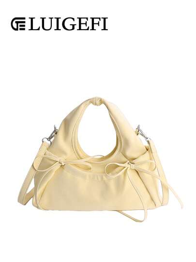 Sweet-Style Crescent-Shaped Handbag With Tie-Up Bow Detailing, Multi-Pocket Design For Ladies. Y2K Ballet-Inspired Crossbody Bag With Adjustable Shoulder Strap, Ideal For Everyday Shopping And Casual Outings.