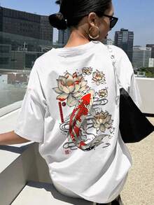 女士夏季字母印花圆领短袖T恤，休闲宽松百搭度假风上衣，时尚夏季日常及假日穿着 白色 - 白色 - 查看 2