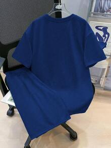 2件/套 男童街頭滑板印花短袖套裝，舒適透氣，適合夏季休閒日常穿著 - 藍色 - 查看 2