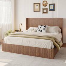 Large Grooved Undulating Lift Storage Bed Frame, Wooden Platform Bed Frame With Lift Storage, No Spring Box Required/No Noise, Rustic Brown Slatted Natural Wood(
King) - Brown - View 3